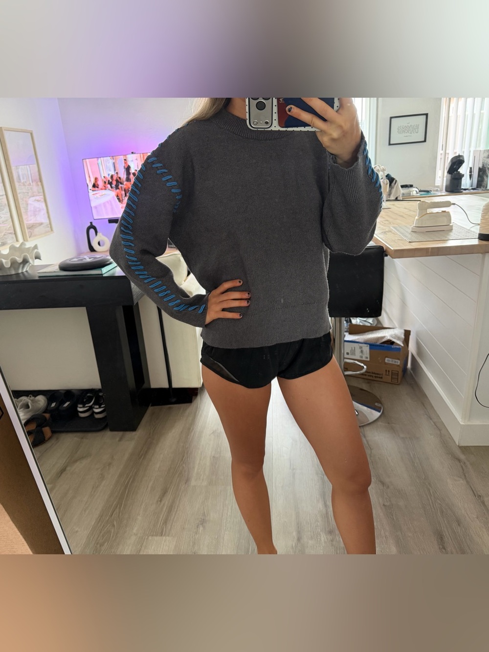 English Factory Gray Crewneck Sweater With Blue Stitching
